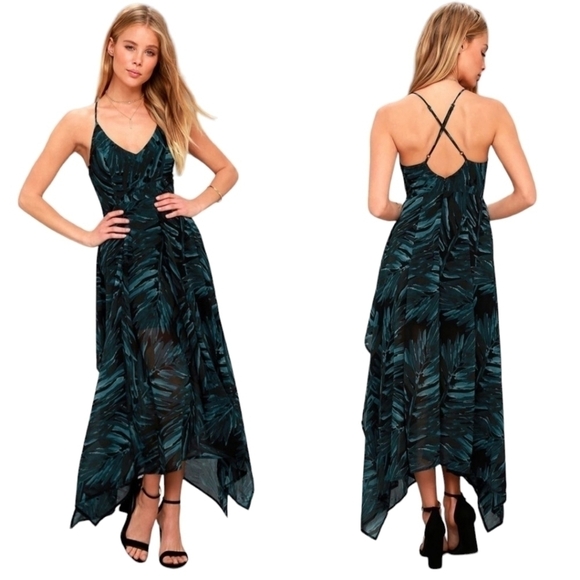 Lulus Midi Dress XS Turtle Bay Black Teal Green Floral Sleeveless Resortwear‎ - Picture 1 of 12